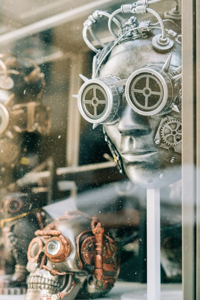Light reflected on a shop window containing Mad Max-like characters in Rome, Italy